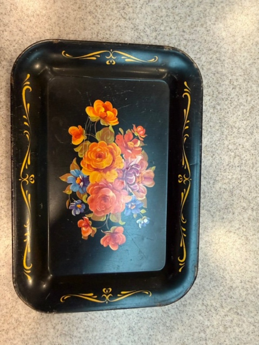Vintage mini roses transfer toleware black metal tip tray cottagecore TT10